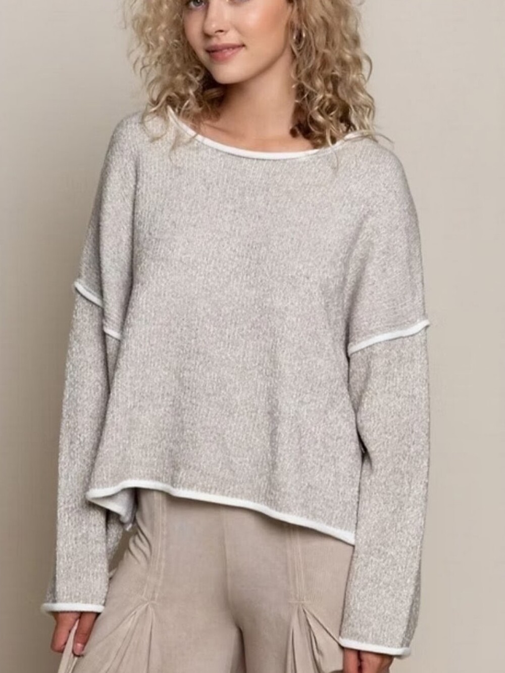 Neutral Beige Women’s Knit Pullover Sweater with Contrast Trim